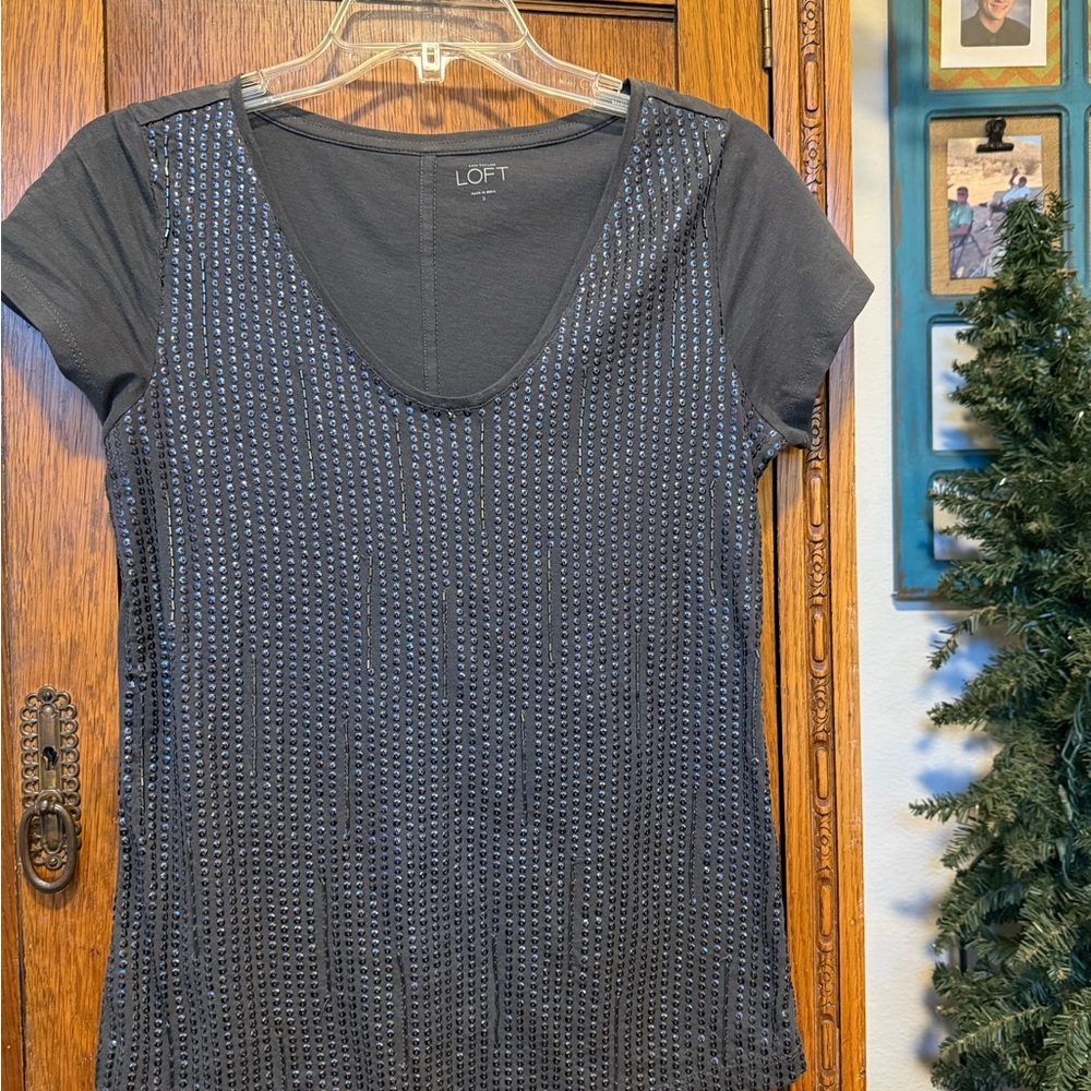 LOFT Black Embellished Short Sleeve Tee